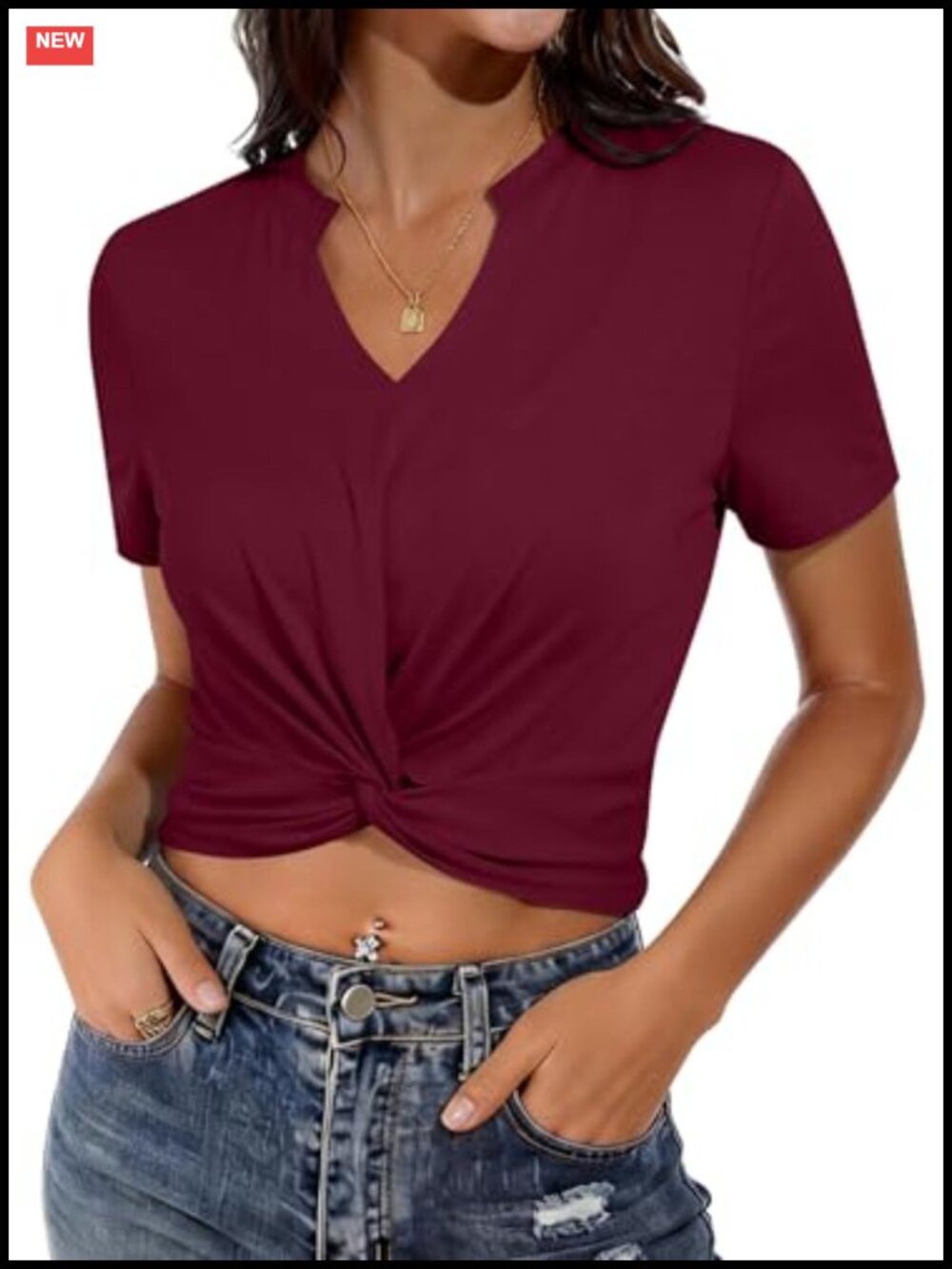 Women's Twist Front Notch V Neck Crop Top Short Sleeve Casual T Shirt